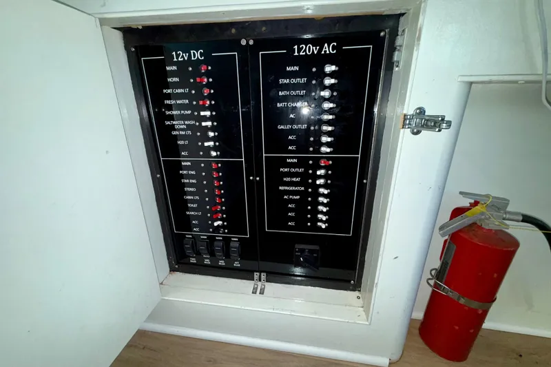 Slide: The Image of Electrical panel on a 1979 Bertram 35 Flybridge boat with fire extinguisher nearby. - 28