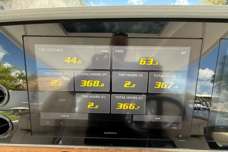 Slide: The Image of Dashboard display of a 2022 Regal 38 SAV showing trip distance and fuel usage. - 7