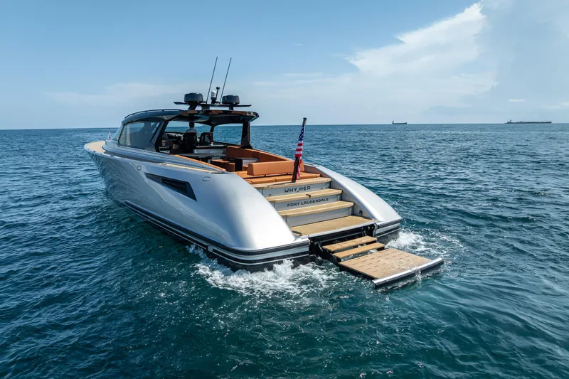 Slide: The Image of 2024 Wajer 55 HT luxury yacht cruising on open sea with extended swim platform. - 21