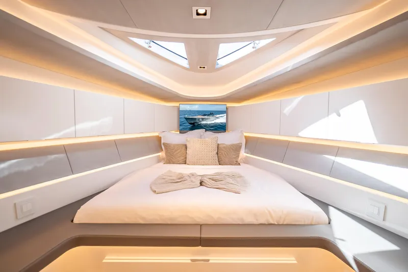 Slide: The Image of Luxurious interior of 2024 Wajer 55 HT yacht with elegant bedding and ambient lighting. - 43