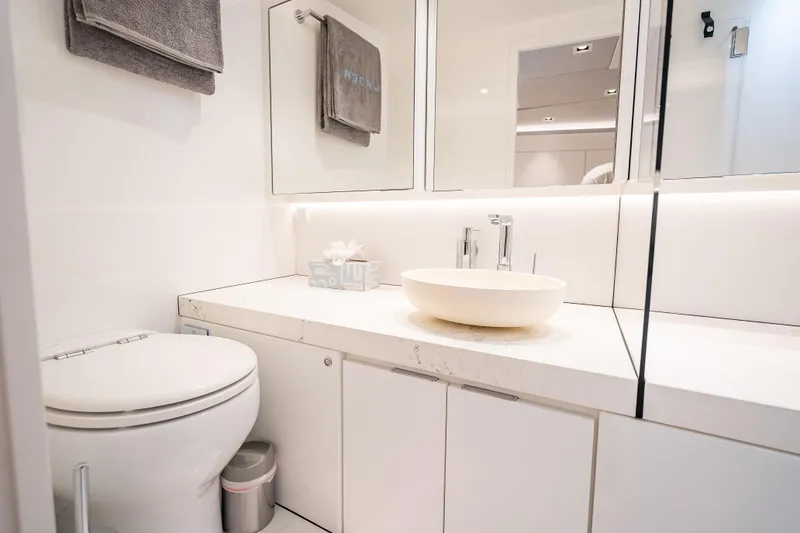 Slide: The Image of Luxurious bathroom interior of 2024 Wajer 55 HT yacht, featuring modern fixtures and elegant design. - 49