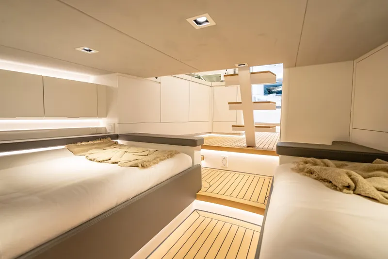 Slide: The Image of Luxurious interior of 2024 Wajer 55 HT yacht with modern design and cozy bedding. - 54