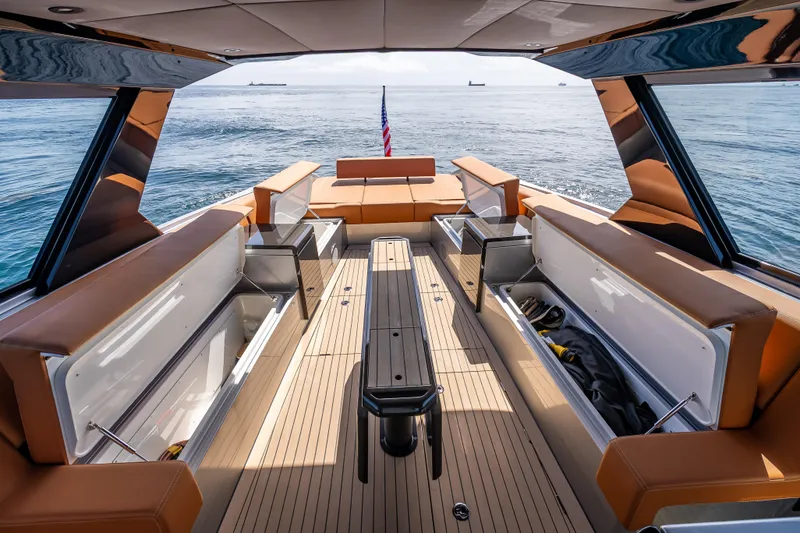 Slide: The Image of Luxurious 2024 Wajer 55 HT yacht interior with spacious seating and ocean view. - 56