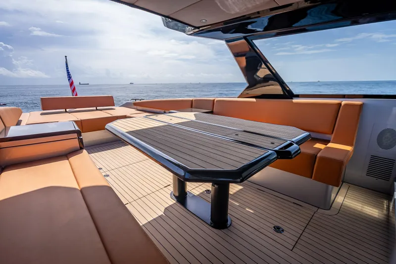 Slide: The Image of Luxurious 2024 Wajer 55 HT yacht interior with elegant seating and ocean view. - 59