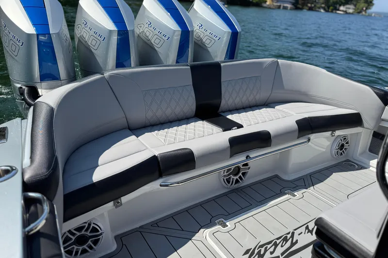 Slide: The Image of 2026 Nor-Tech 390 Sport Center Console with luxurious seating and powerful engines. - 21