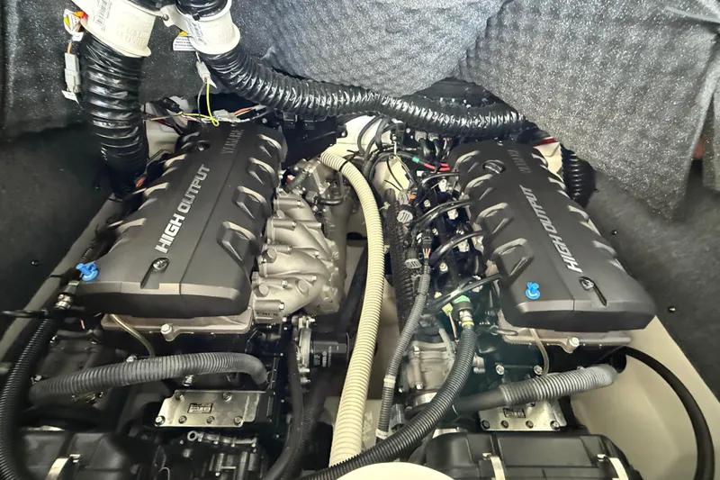 Slide: The Image of 2018 Yamaha Boats 242 Limited S E-Series engine compartment with high output engines. - 25