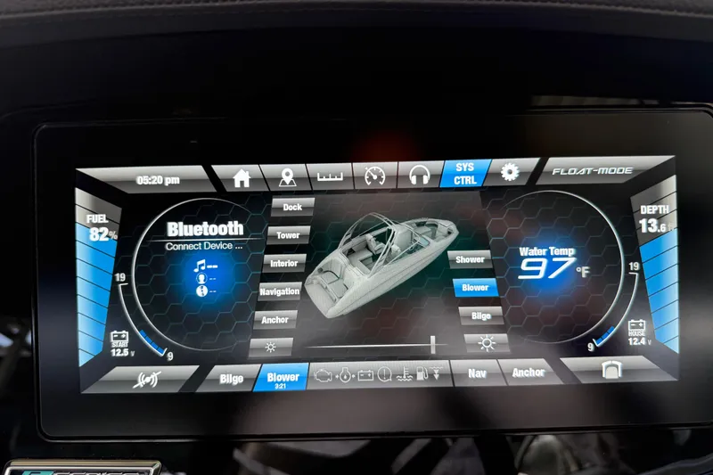 Slide: The Image of Touchscreen display of a 2018 Yamaha Boats 242 Limited S E-Series showing boat controls and Bluetooth connectivity. - 25