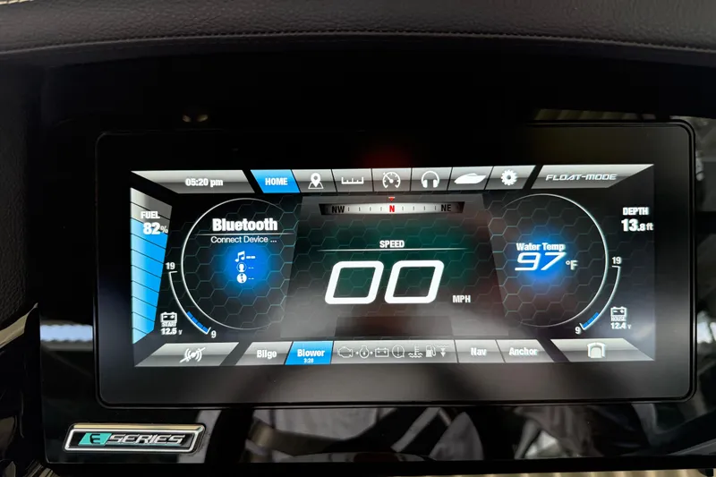 Slide: The Image of Dashboard display of 2018 Yamaha Boats 242 Limited S E-Series, showing speed, fuel, and water temperature. - 26