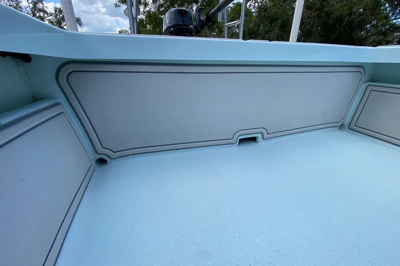 Slide: The Image of 2019 Cayo Boatworks 173 interior, featuring light blue deck and storage compartments. - 37