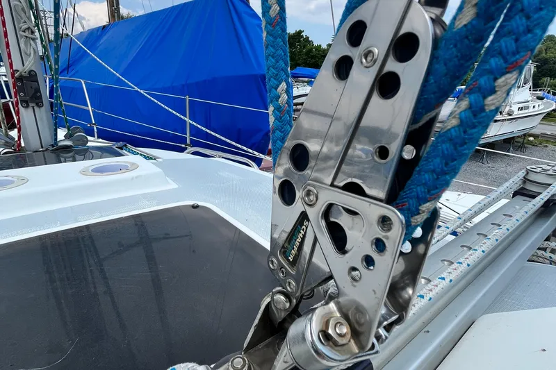 Slide: The Image of Close-up of a 1995 Hunter 29.5 sailboat rigging and deck details. - 12