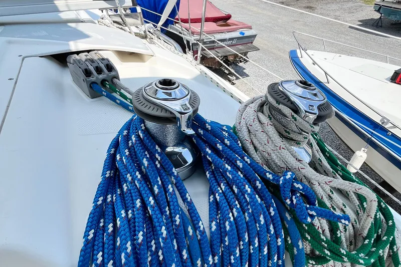 Slide: The Image of Winches and ropes on a 1995 Hunter 29.5 sailboat deck. - 19