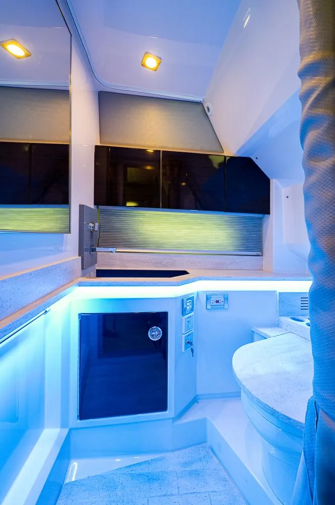 Slide: The Image of 2019 Formula 430 Super Sport Crossover interior with modern lighting and sleek design. - 19