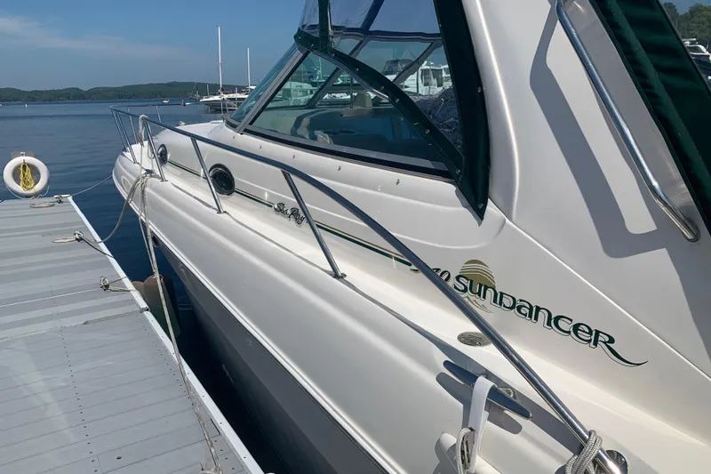 Slide: The Image of 2001 Sea Ray 340 Sundancer yacht docked at marina on a sunny day. - 30