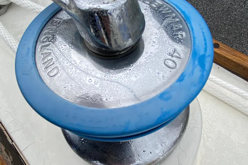 Slide: The Image of Close-up of a 1972 Bristol 40 winch with blue accents and rope. - 15