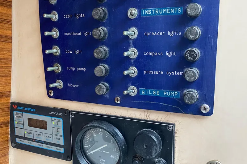 Slide: The Image of Control panel of a 1972 Bristol 40 boat with switches and gauges. - 40