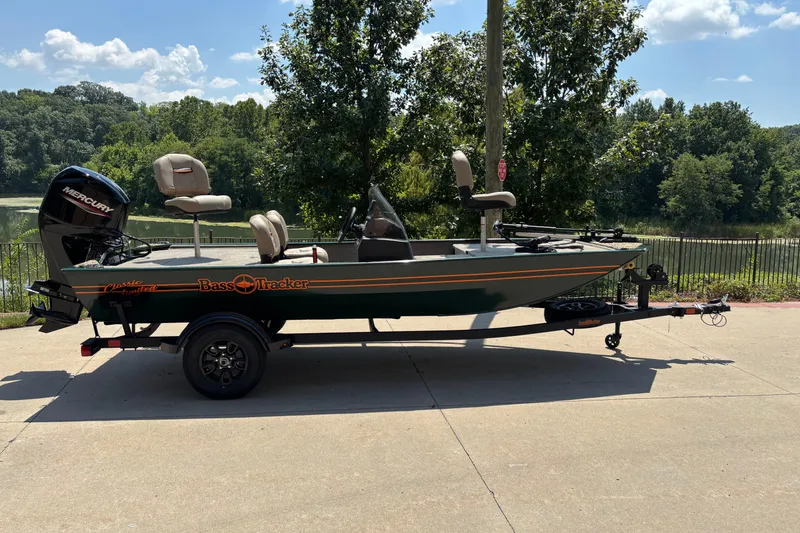 The Image of 2026 Tracker Bass Tracker Classic Limited boat on trailer, parked near a scenic lake. - 0