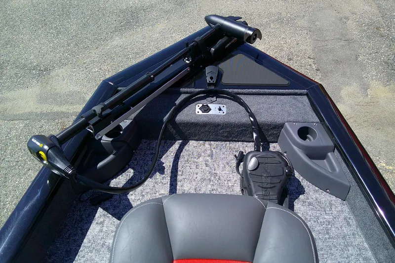 Slide: The Image of 2026 Tracker Pro Team 175 Crappie Edition boat interior with trolling motor and seating. - 8