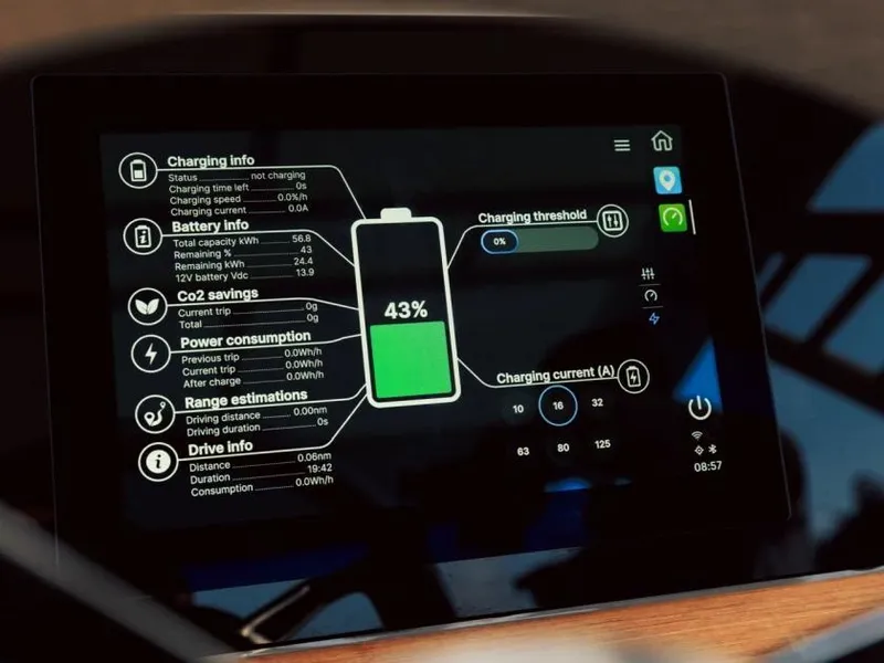 Slide: The Image of Touchscreen display showing battery and charging information for Axopar AX/E 22 T-Top, 2025 model. - 7