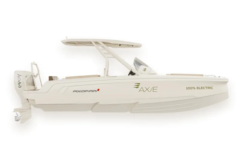 Slide: The Image of 2025 Axopar AX/E 22 T-Top electric boat, side view, sleek design. - 9