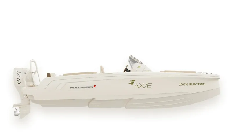 Slide: The Image of 2025 Axopar AX/E 22 T-Top electric boat, side view, sleek design. - 8