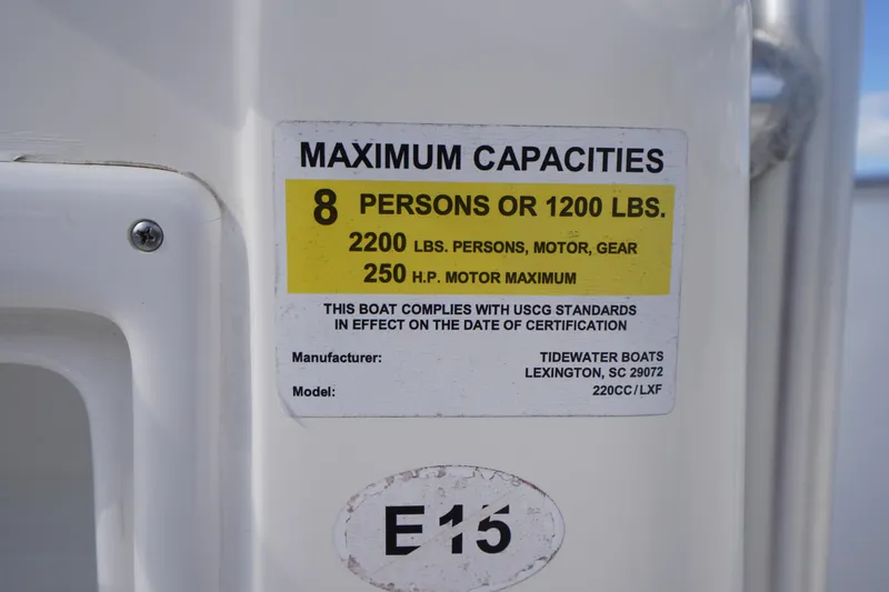 Slide: The Image of 2019 Tidewater 220 LXF capacity label: 8 persons, 1200 lbs, 250 HP motor max. - 28