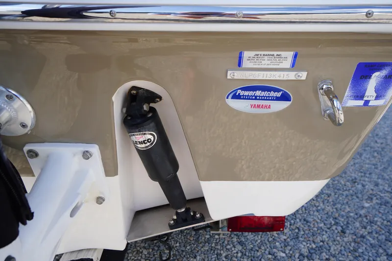 Slide: The Image of 2019 Tidewater 220 LXF boat transom with Yamaha PowerMatched warranty label. - 49