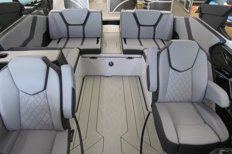 Slide: The Image of 2025 Yamaha Boats 255XD interior with modern seating and sleek design. - 10