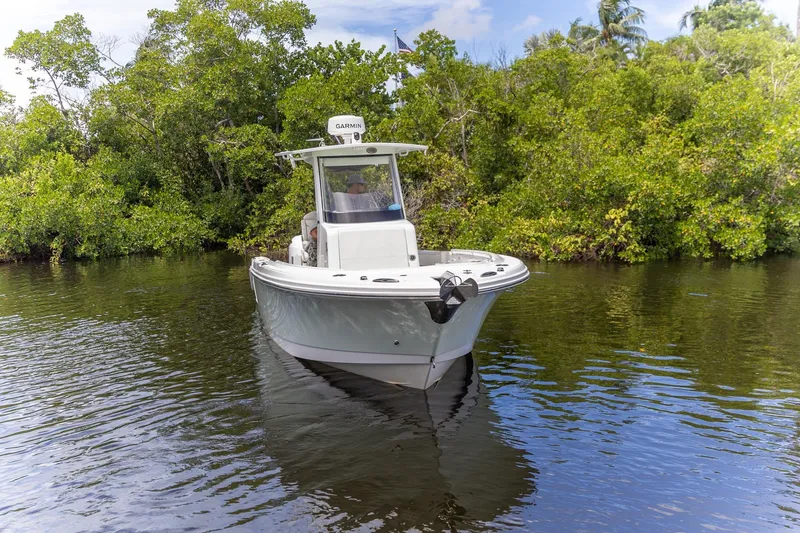 Slide: The Image of 2023 Edgewater 262CC boat navigating a calm river surrounded by lush greenery. - 25