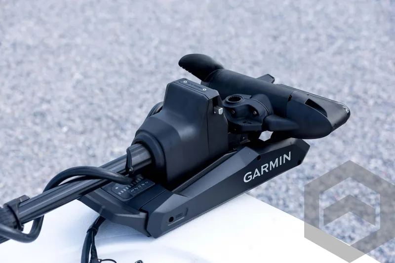 Slide: The Image of Garmin trolling motor on 2026 Tidewater 2410 Bay Max boat, close-up view. - 36