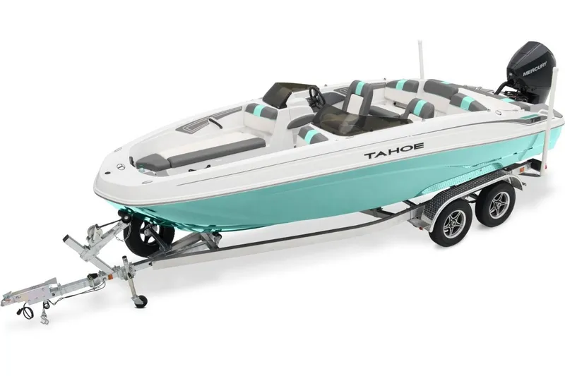 Slide: The Image of 2026 Tahoe T21 boat on trailer, turquoise and white design, with Mercury outboard motor. - 1