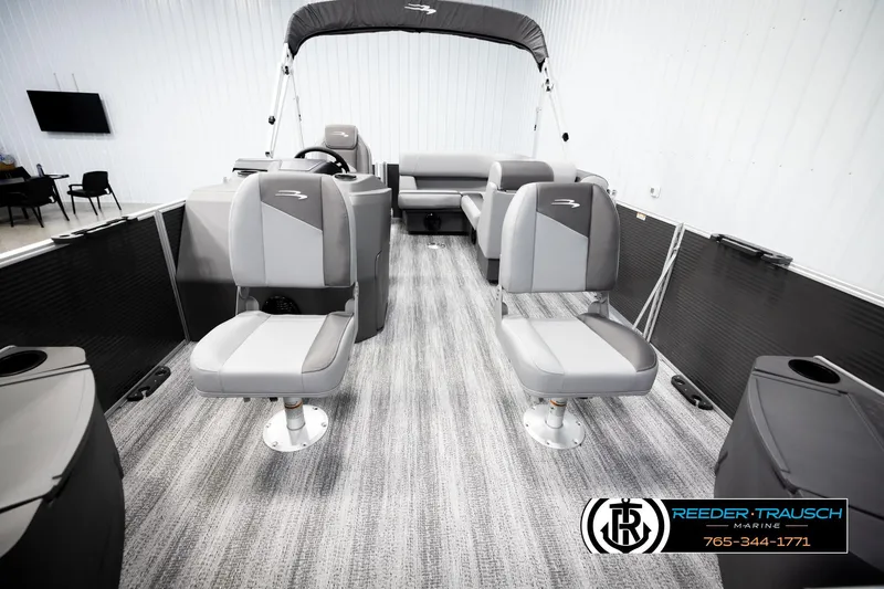 Slide: The Image of 2026 Bennington 168 SFSE pontoon boat interior with gray seating and modern design. - 13