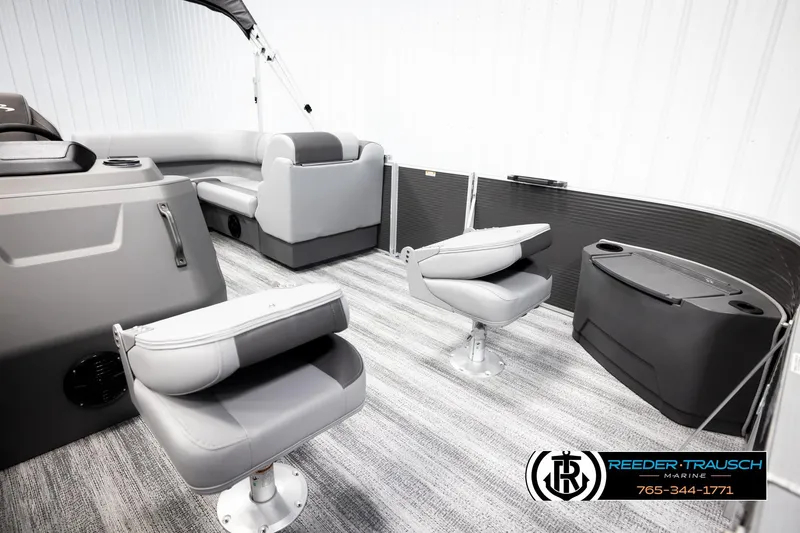 Slide: The Image of 2026 Bennington 168 SFSE boat interior with gray seating and modern design. - 19
