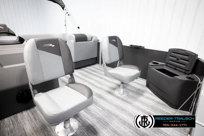 Slide: The Image of 2026 Bennington 168 SFSE boat interior with gray seating and storage compartments. - 20