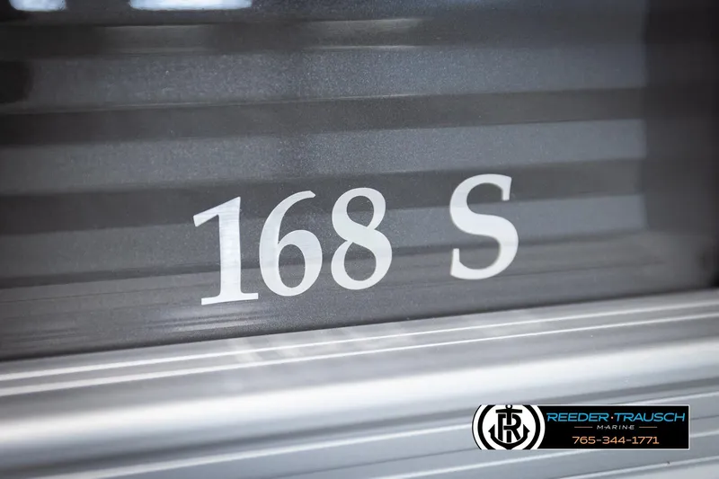 Slide: The Image of Close-up of 2026 Bennington 168 SFSE model number on boat exterior. - 48