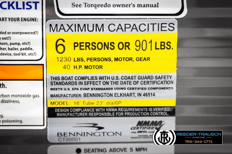 Slide: The Image of 2026 Bennington 168 SFSE boat capacity label, 6 persons or 901 lbs, 40 HP motor. - 52