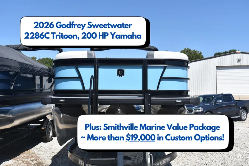 Slide: The Image of 2026 Godfrey Sweetwater 2286C Tritoon with 200 HP Yamaha, featuring custom options package. - 0