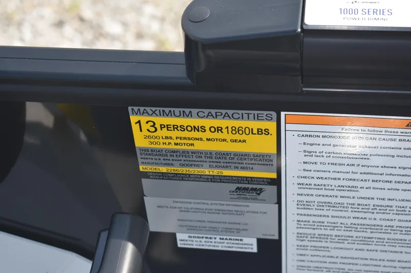 Slide: The Image of Capacity label on 2026 Godfrey Sweetwater SW 2286 C boat, max 13 persons or 1860 lbs. - 14