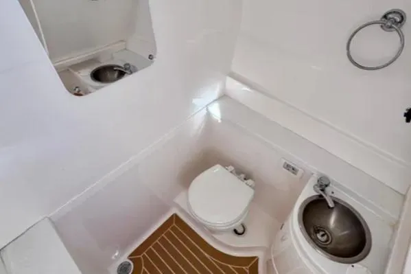 Slide: The Image of Compact bathroom in 2017 Intrepid model, featuring a toilet, sink, and mirror. - 15