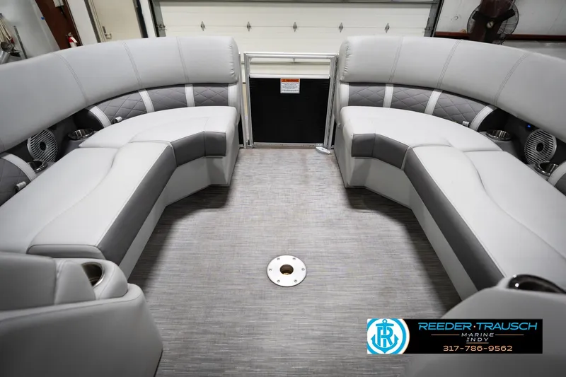 Slide: The Image of 2023 Bennington 22 LSR boat interior with gray seating and modern design. - 21