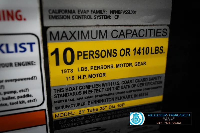 Slide: The Image of 2023 Benington 22 LSR capacity label, 10 persons or 1410 lbs, 115 HP motor. - 56