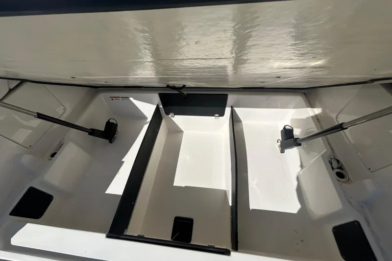 Slide: The Image of 2023 Regal LX6 boat storage compartment with hydraulic lift supports. - 16