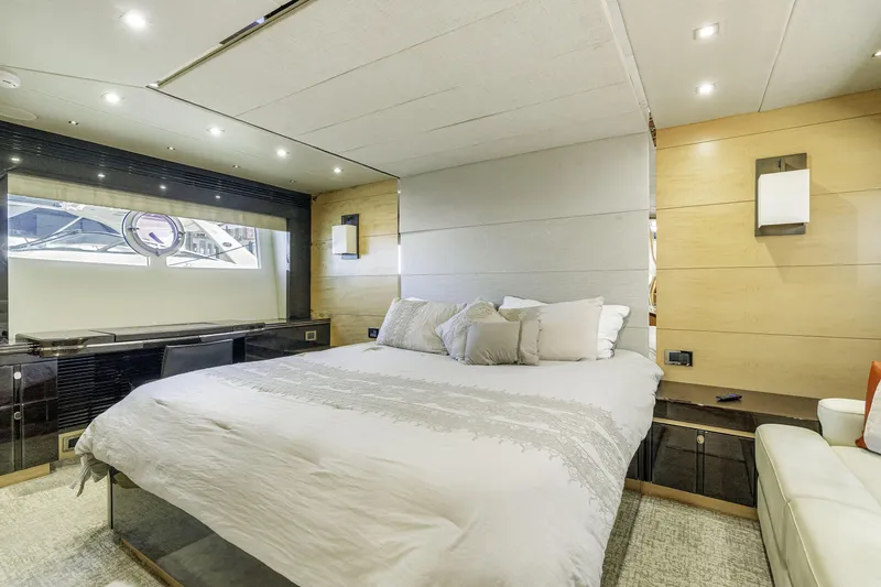Slide: The Image of Luxurious bedroom interior of 2014 Sunseeker 68 Sport Yacht with modern design and elegant furnishings. - 26