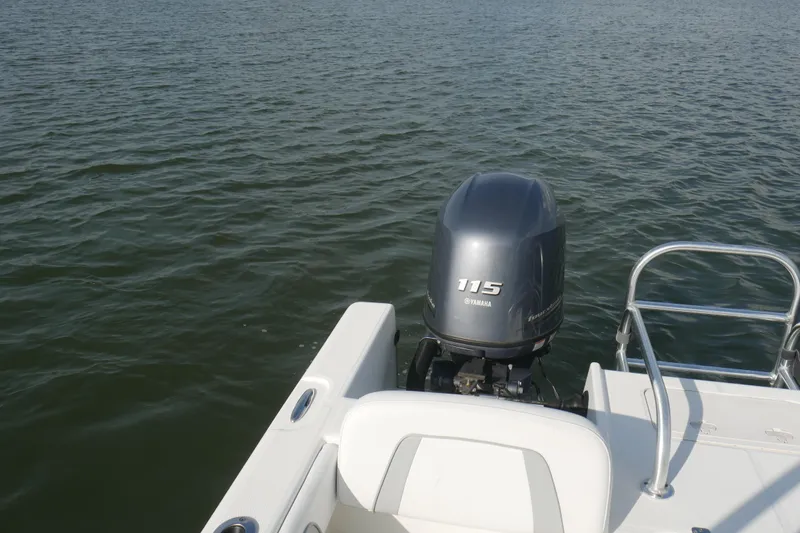 Slide: The Image of 2014 Carolina Cat 23DC boat with Yamaha 115 outboard motor on water. - 23