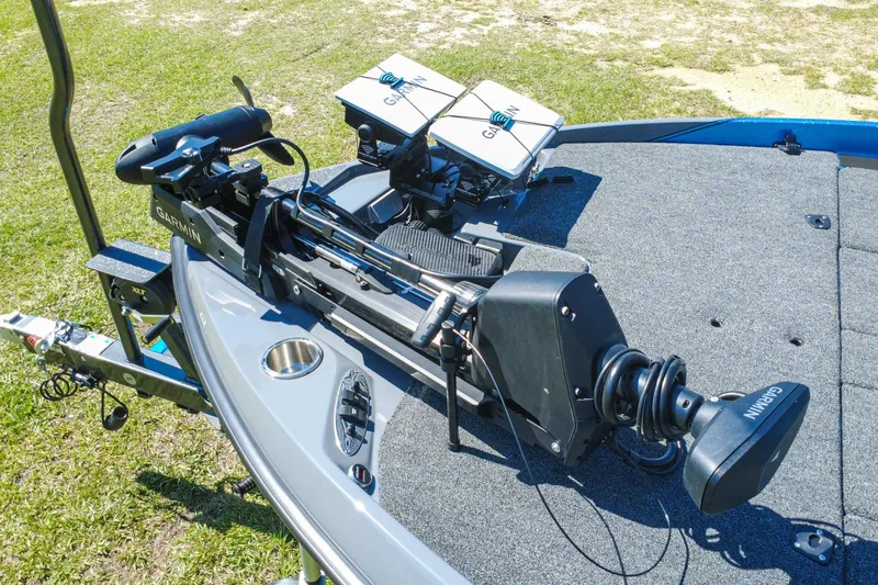 Slide: The Image of 2025 Bass Cat Puma STS boat deck with Garmin trolling motor and electronics. - 47