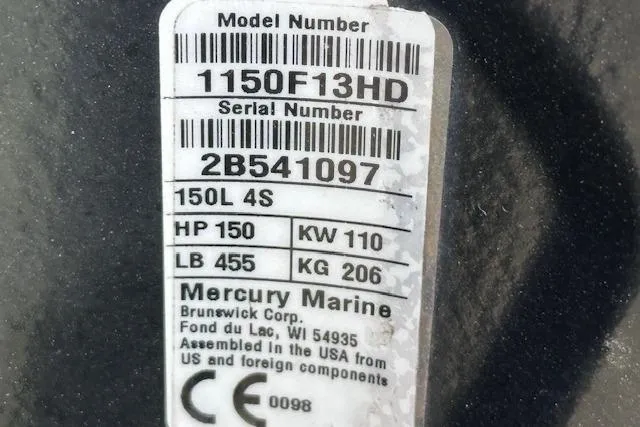 Slide: The Image of Label on Mercury Marine engine, model 1150F13HD, serial 2B541097, 150 HP, 2018 Sun Tracker. - 20