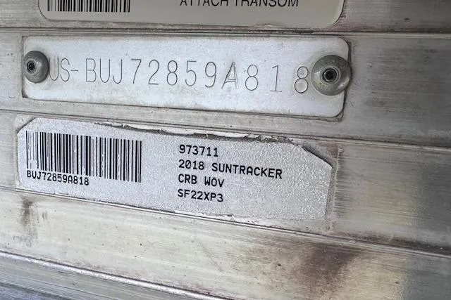 Slide: The Image of 2018 Sun Tracker SportFish 22 XP3 identification plate with serial and model numbers. - 37
