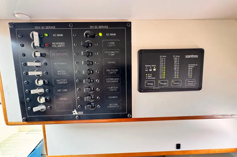 Slide: The Image of Electrical control panel on a 2003 Albin 28 TE boat, featuring AC and DC services. - 31