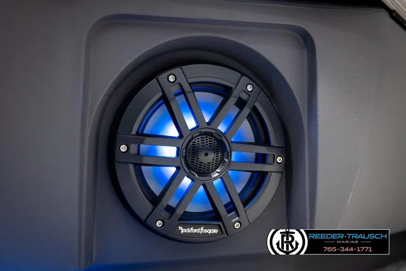 Slide: The Image of Rockford Fosgate speaker with blue LED lighting on 2026 Bennington 22 MFBSE boat. - 38