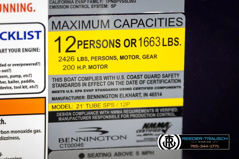 Slide: The Image of Capacity label for 2026 Bennington 22 MFBSE, 12 persons or 1663 lbs, 200 HP motor. - 49