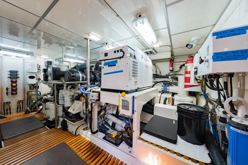 Slide: The Image of Engine room of 2016 Grand Banks 72 Aleutian RP yacht, featuring Cummins Onan generator. - 117